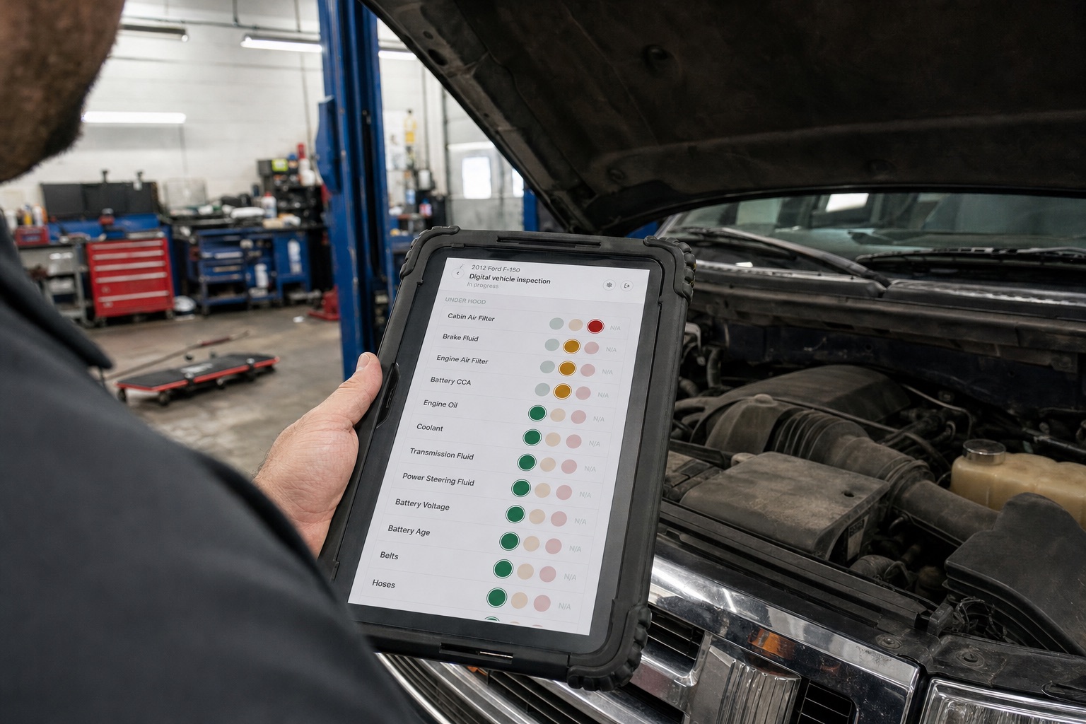 Technician holding a tablet with an under-hood inspection checklist next to an open engine bay